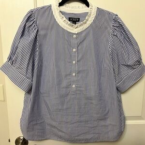 J.Crew Striped Ruffle Collar Short Sleeve Blouse